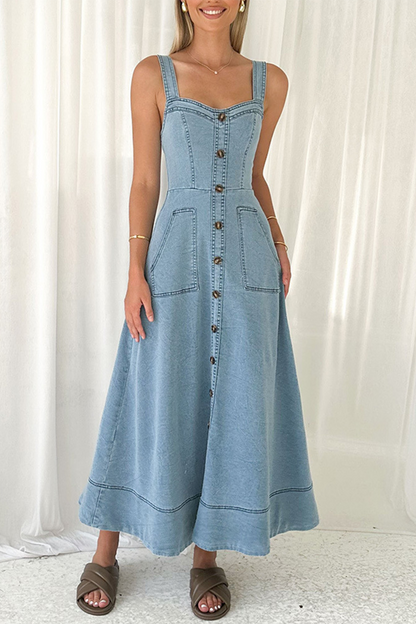 Sexy Street Solid Color Pocket Buttons Zipper V Neck Sleeveless Denim Dresses