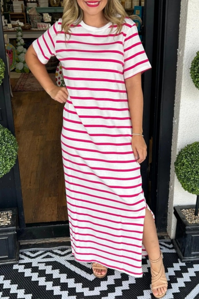 Casual Striped Print Slit O Neck Long Dresses(6 Colors)