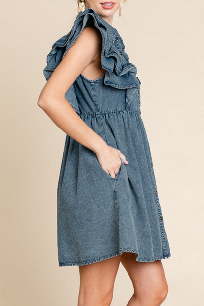 Casual Solid Color Distressed Pocket Ruffle Turndown Collar Short Sleeve Denim Dresses