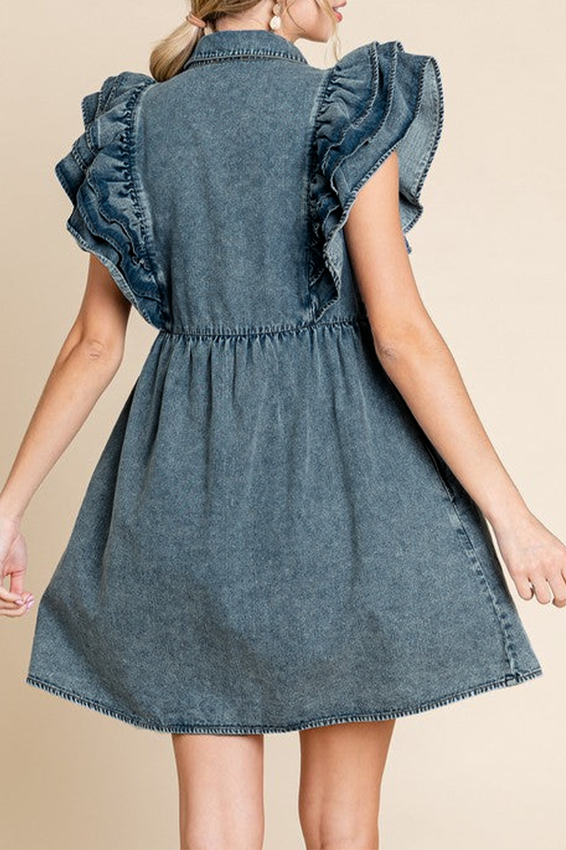 Casual Solid Color Distressed Pocket Ruffle Turndown Collar Short Sleeve Denim Dresses