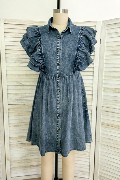 Casual Solid Color Distressed Pocket Ruffle Turndown Collar Short Sleeve Denim Dresses