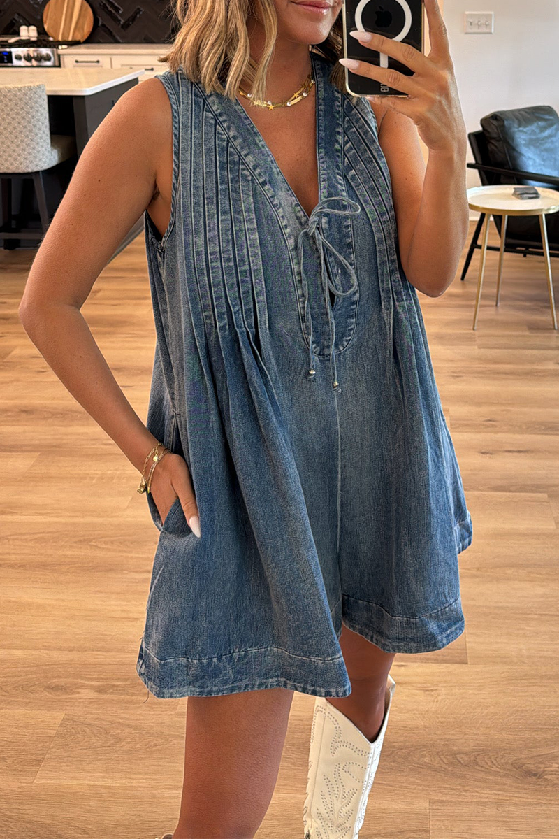 Casual Daily Solid Color Distressed Lace Up V Neck Sleeveless Loose Denim Jumpsuits