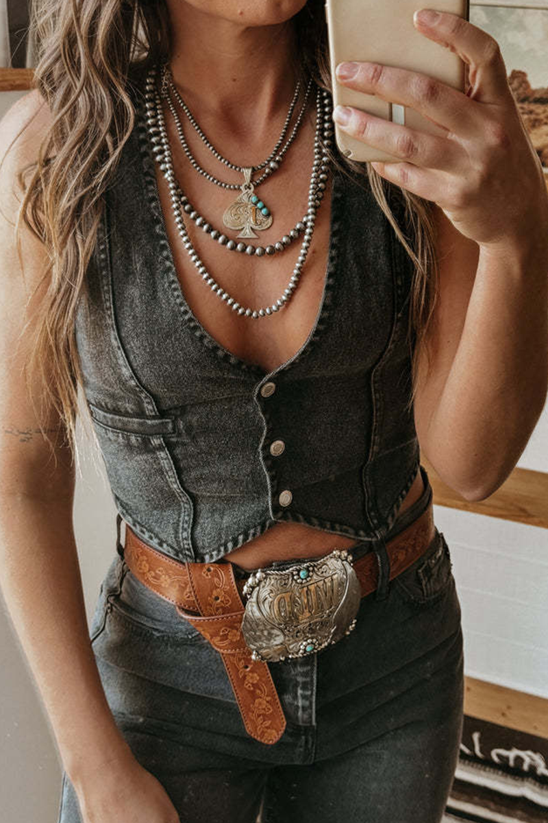 Sexy Hot Distressed Buckle V Neck Sleeveless Regular Denim Jacket(3 Colors)