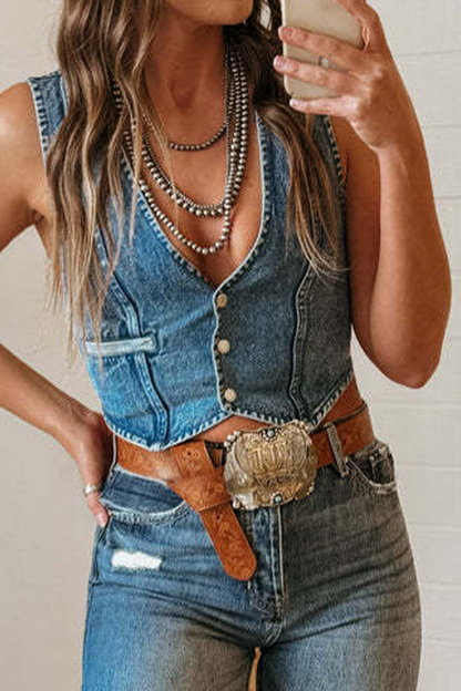 Sexy Hot Distressed Buckle V Neck Sleeveless Regular Denim Jacket(3 Colors)