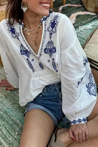 Casual Floral Print Embroidered V Neck Tops