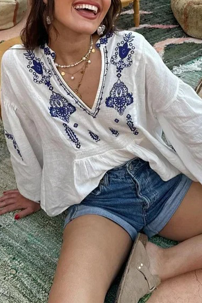 Casual Floral Print Embroidered V Neck Tops