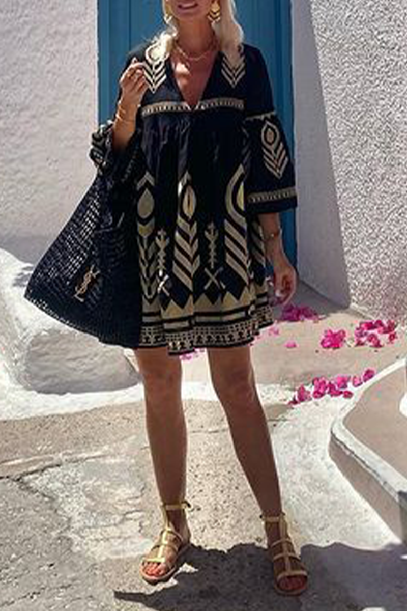 Casual Geometric Print V Neck A Line Dresses