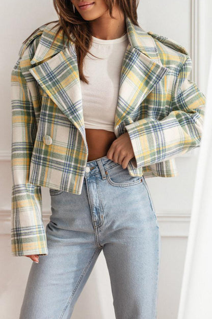 Casual Plaid Buttons Contrast Turn-back Collar Outerwear(3 Colors)