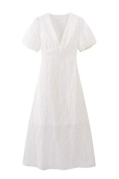 Elegant Solid Color Embroidered V Neck A Line Short Sleeve Dress