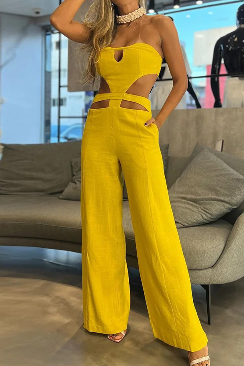 Sexy Daily Hollow Out Pocket Strapless Skinny Jumpsuits