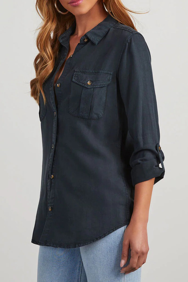 Casual Daily Solid Color Pocket Buttons Turndown Collar Blouses(4 Colors)