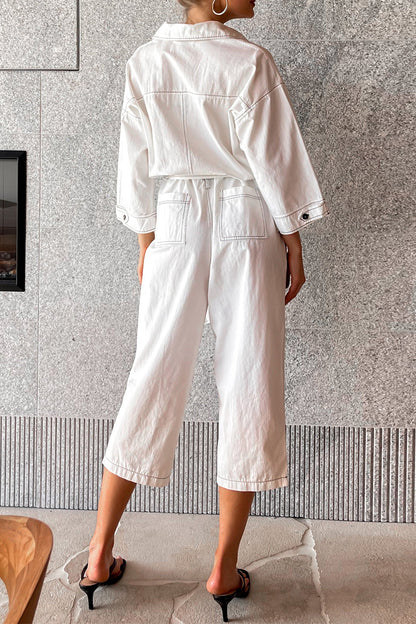 Casual Solid Color Lace Up Patchwork Turndown Collar Loose Jumpsuits