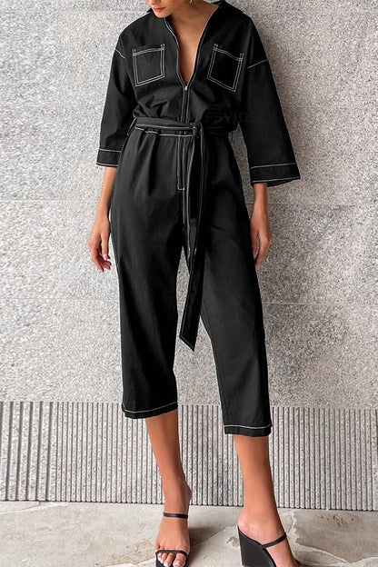 Casual Solid Color Lace Up Patchwork Turndown Collar Loose Jumpsuits