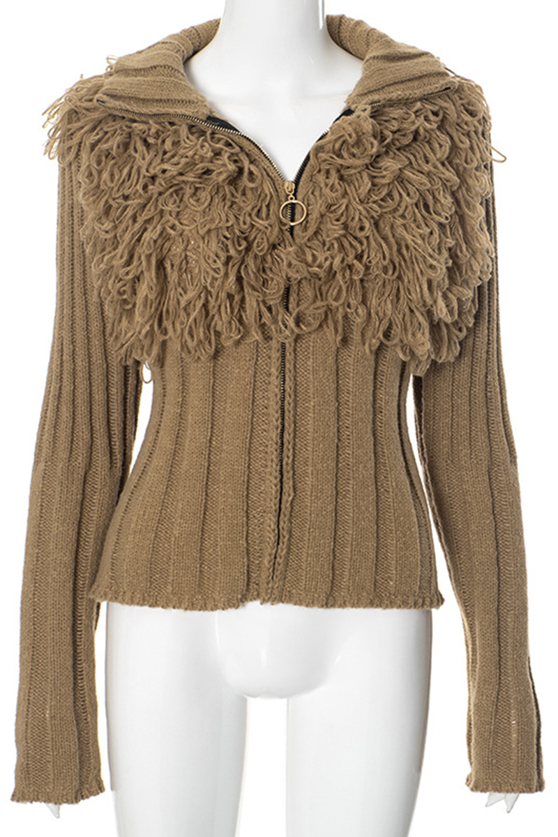 Casual Solid Color Fringed Trim Zipper Turtleneck Sweaters