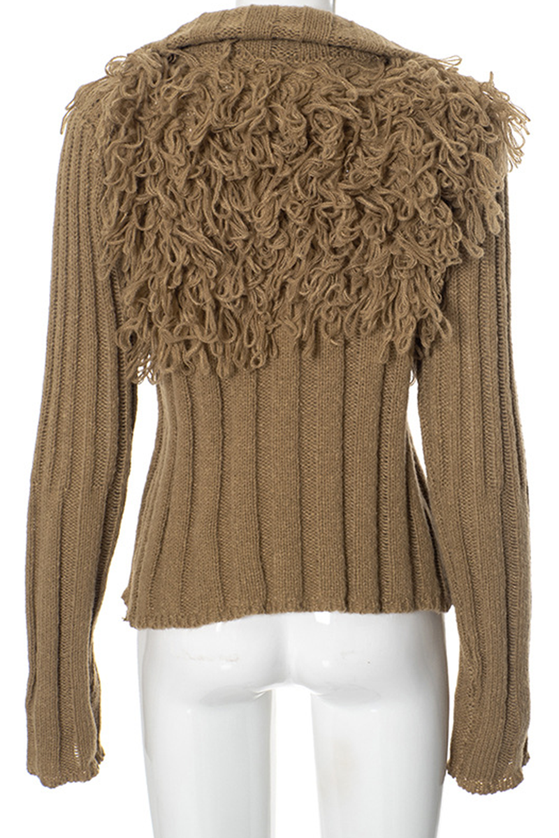 Casual Solid Color Fringed Trim Zipper Turtleneck Sweaters