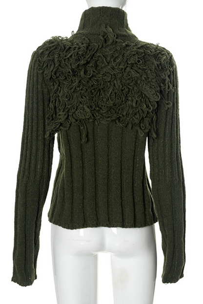 Casual Solid Color Fringed Trim Zipper Turtleneck Sweaters