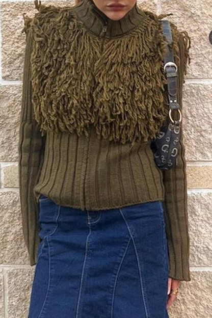 Casual Solid Color Fringed Trim Zipper Turtleneck Sweaters