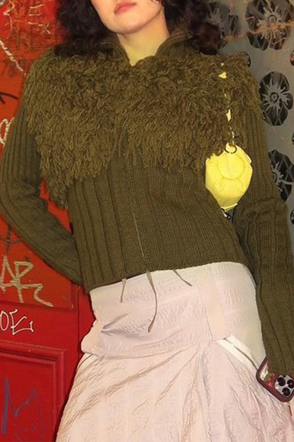 Casual Solid Color Fringed Trim Zipper Turtleneck Sweaters