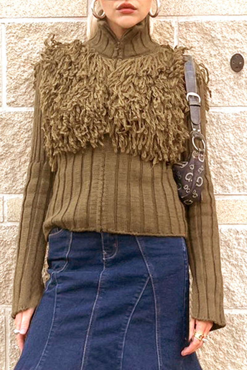 Casual Solid Color Fringed Trim Zipper Turtleneck Sweaters