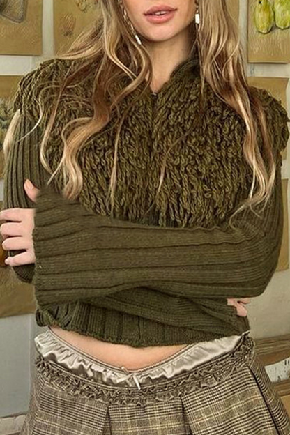 Casual Solid Color Fringed Trim Zipper Turtleneck Sweaters