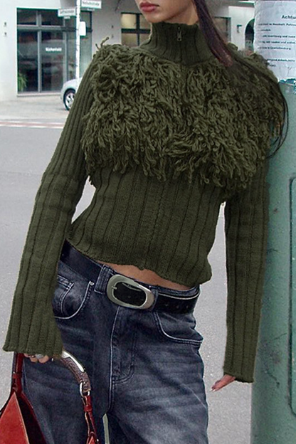 Casual Solid Color Fringed Trim Zipper Turtleneck Sweaters