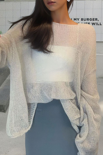 Casual Solid Color See-Through O Neck Sweaters(3 Colors)