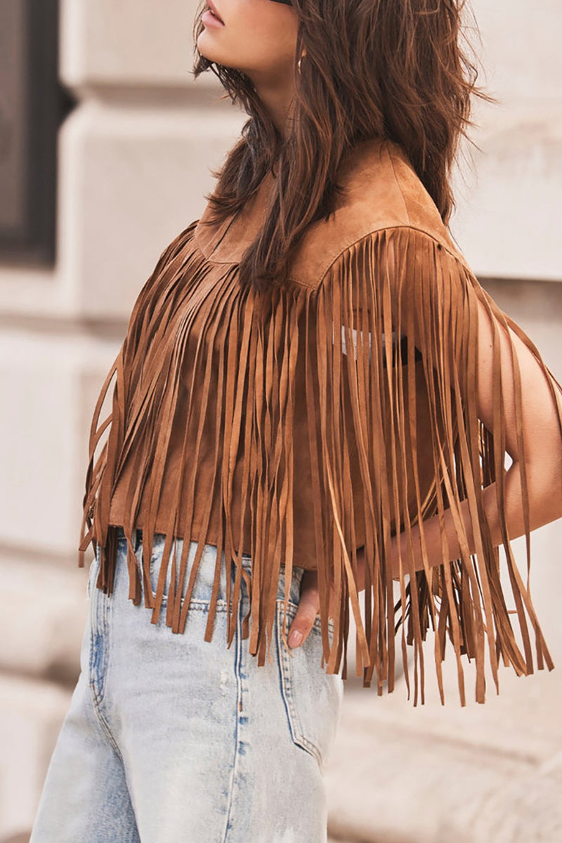 Casual Street Fringed Trim O Neck Waistcoats