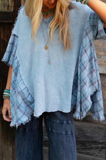 Casual Plaid Distressed Patchwork Contrast V Neck T-Shirts