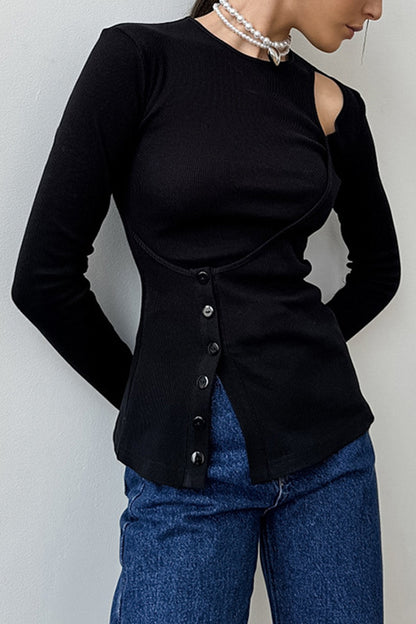 Casual Solid Color Buttons Irregular O Neck Tops