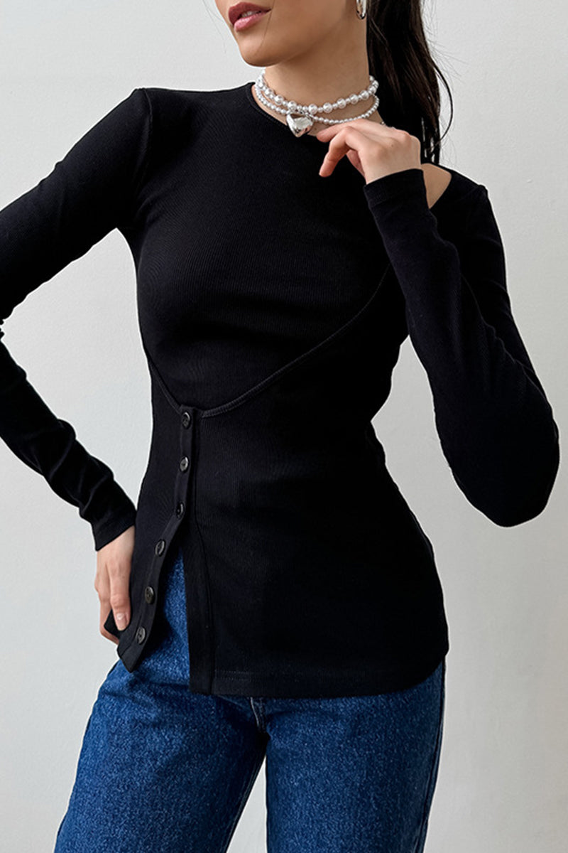 Casual Solid Color Buttons Irregular O Neck Tops