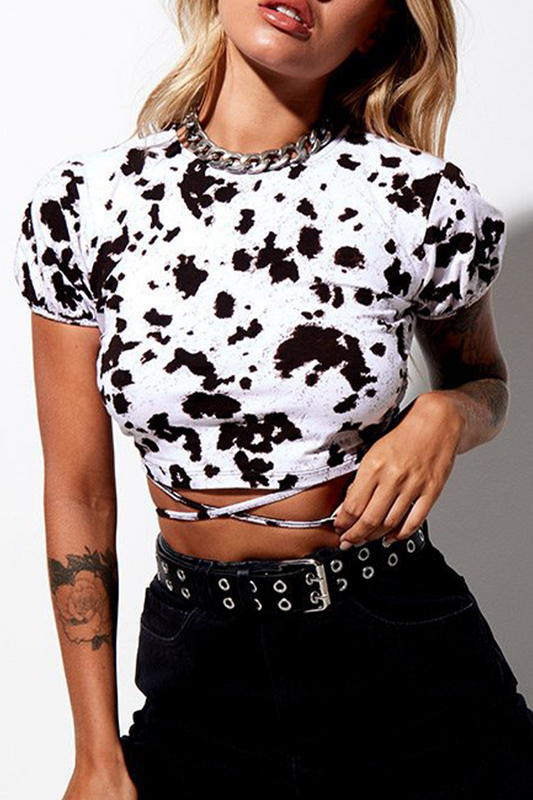 Sexy Geometric Print Animal Print Lace Up Backless Contrast Half A Turtleneck T-Shirts(7 Colors)