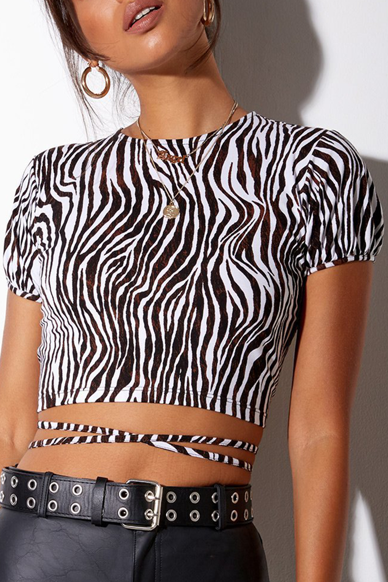 Sexy Geometric Print Animal Print Lace Up Backless Contrast Half A Turtleneck T-Shirts(7 Colors)