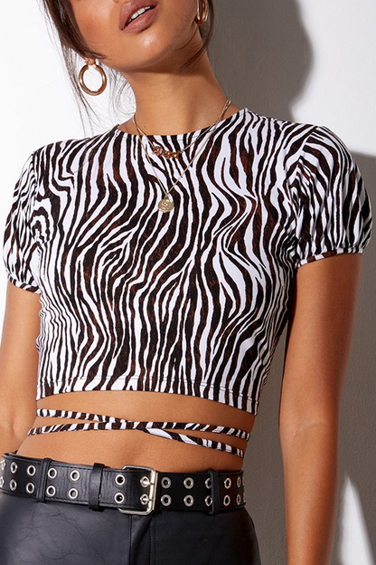 Sexy Geometric Print Animal Print Lace Up Backless Contrast Half A Turtleneck T-Shirts(7 Colors)