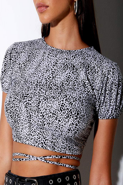 Sexy Geometric Print Animal Print Lace Up Backless Contrast Half A Turtleneck T-Shirts(7 Colors)