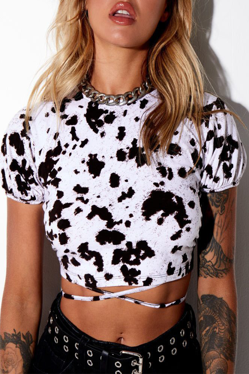 Sexy Geometric Print Animal Print Lace Up Backless Contrast Half A Turtleneck T-Shirts(7 Colors)