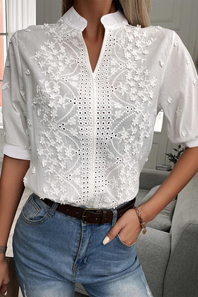 Sexy Solid Color Lace Mandarin Collar Blouses