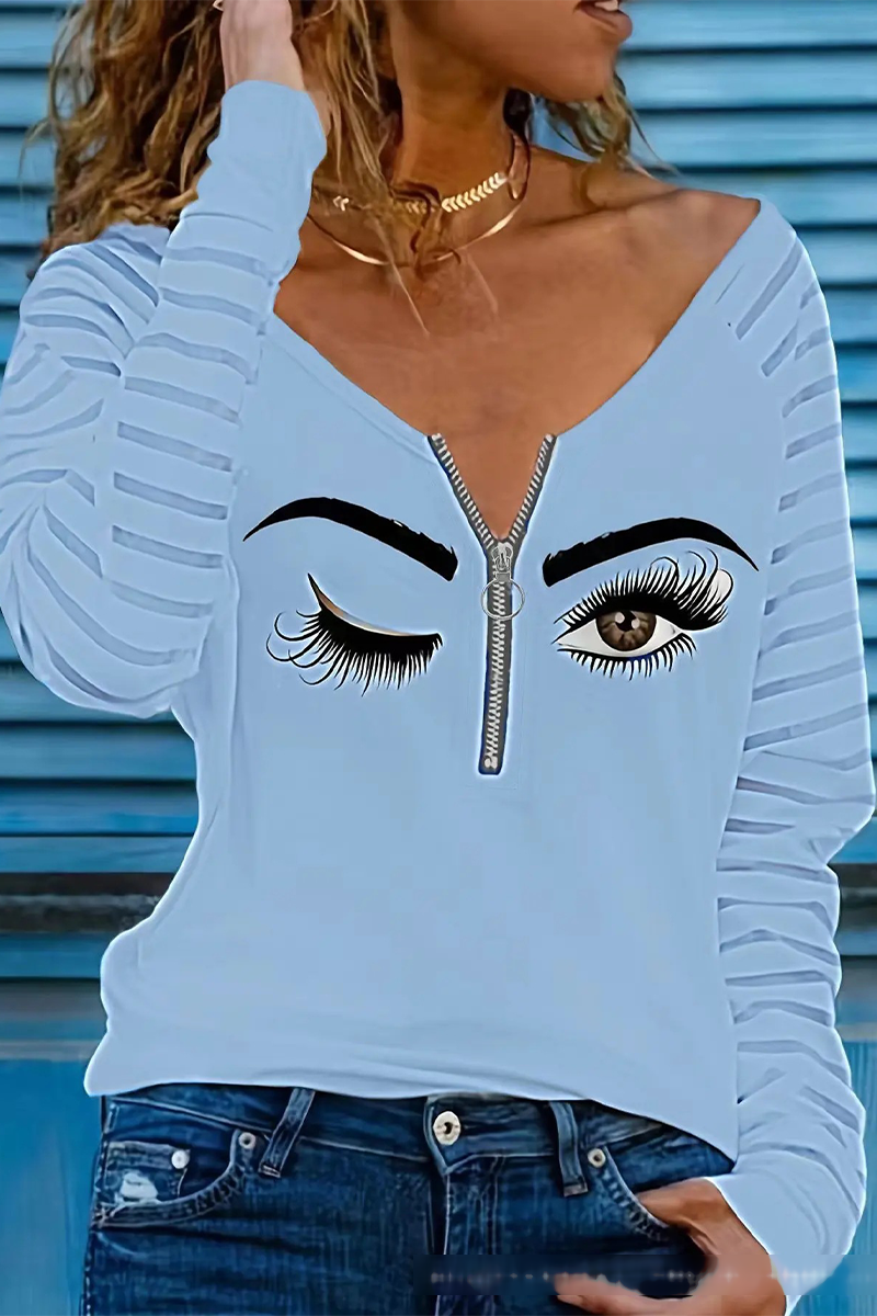 Casual Eyes Print Stripe Chains V Neck Tops