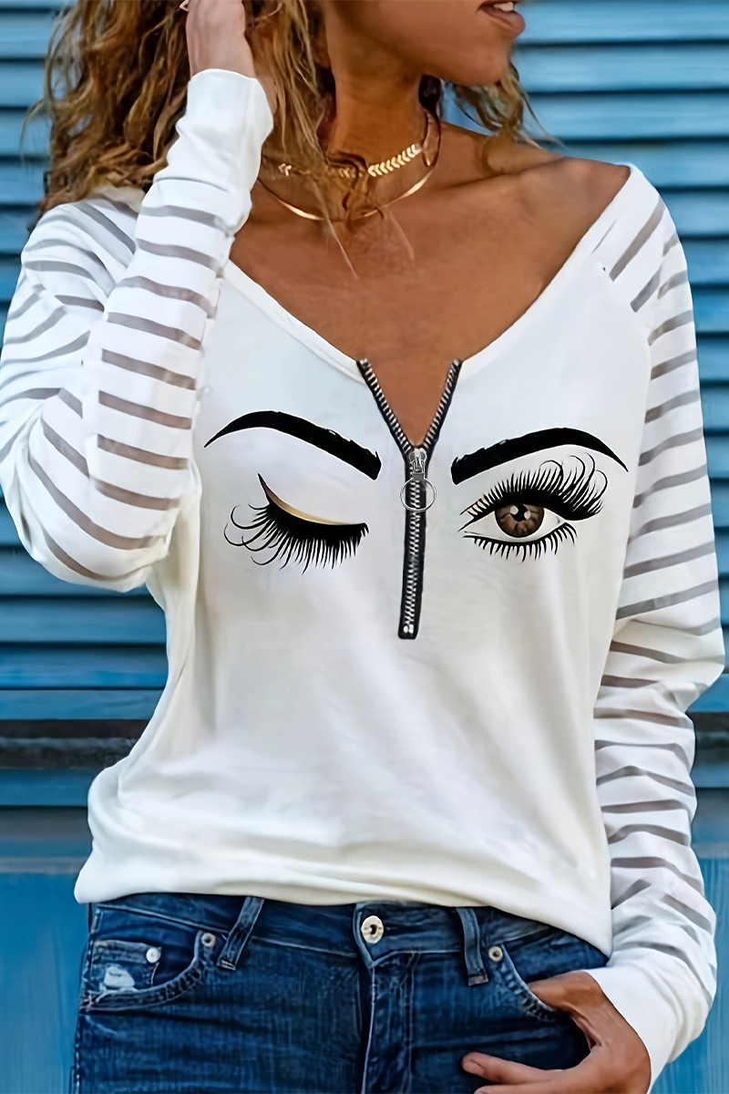 Casual Eyes Print Stripe Chains V Neck Tops