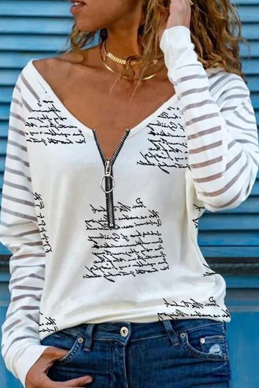 Casual Street Daily Letter Print Stripe Zipper V Neck Tops