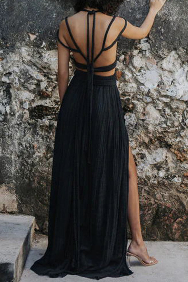 Sexy Vacation Backless Slit Strap Design V Neck Sleeveless Two Pieces(Adjustable rope)