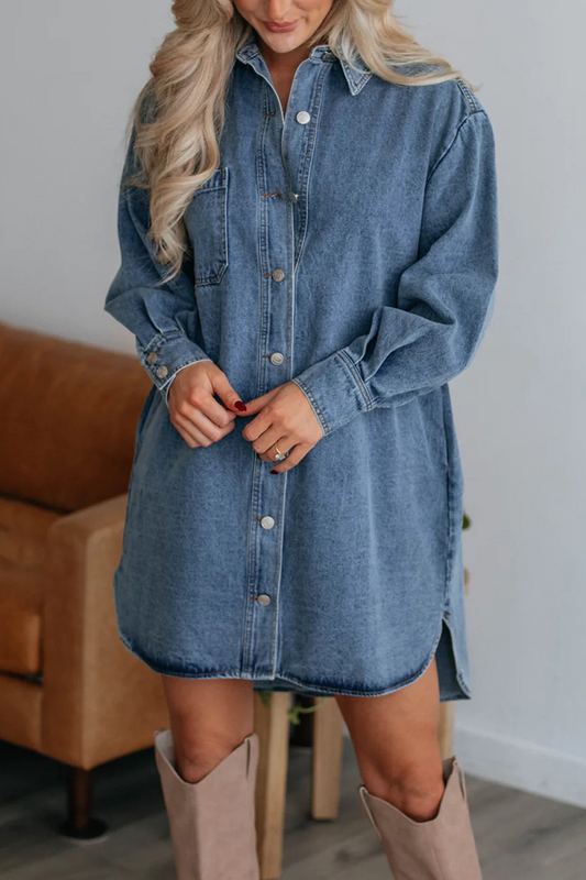 Casual Street Distressed Pocket Buttons Turndown Collar Long Sleeve Loose Denim Dresses(No Belt)