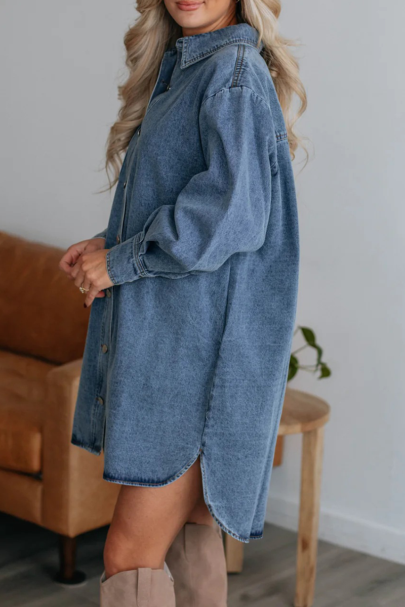 Casual Street Distressed Pocket Buttons Turndown Collar Long Sleeve Loose Denim Dresses(No Belt)