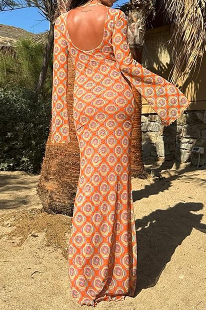 Elegant Print Patchwork Backless O Neck Long Dresses