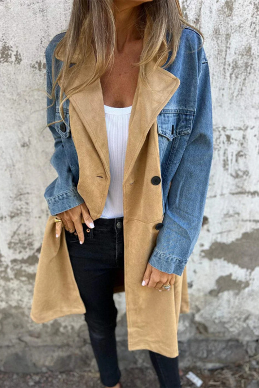 Casual Street Buttons Patchwork Contrast Turndown Collar Long Sleeve Loose Denim Jacket