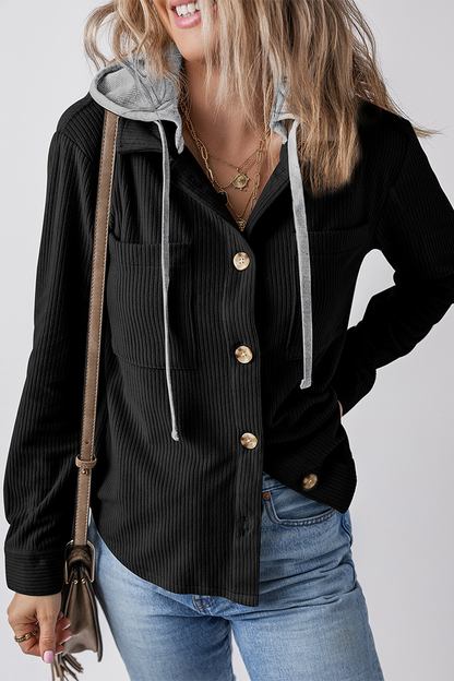 Casual Daily Draw String Buttons Patchwork Contrast Hooded Tops(7 Colors)