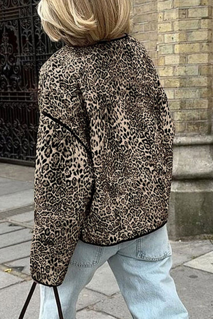 Casual Street Leopard Pocket Patchwork O Neck Outerwear(3 Colors)