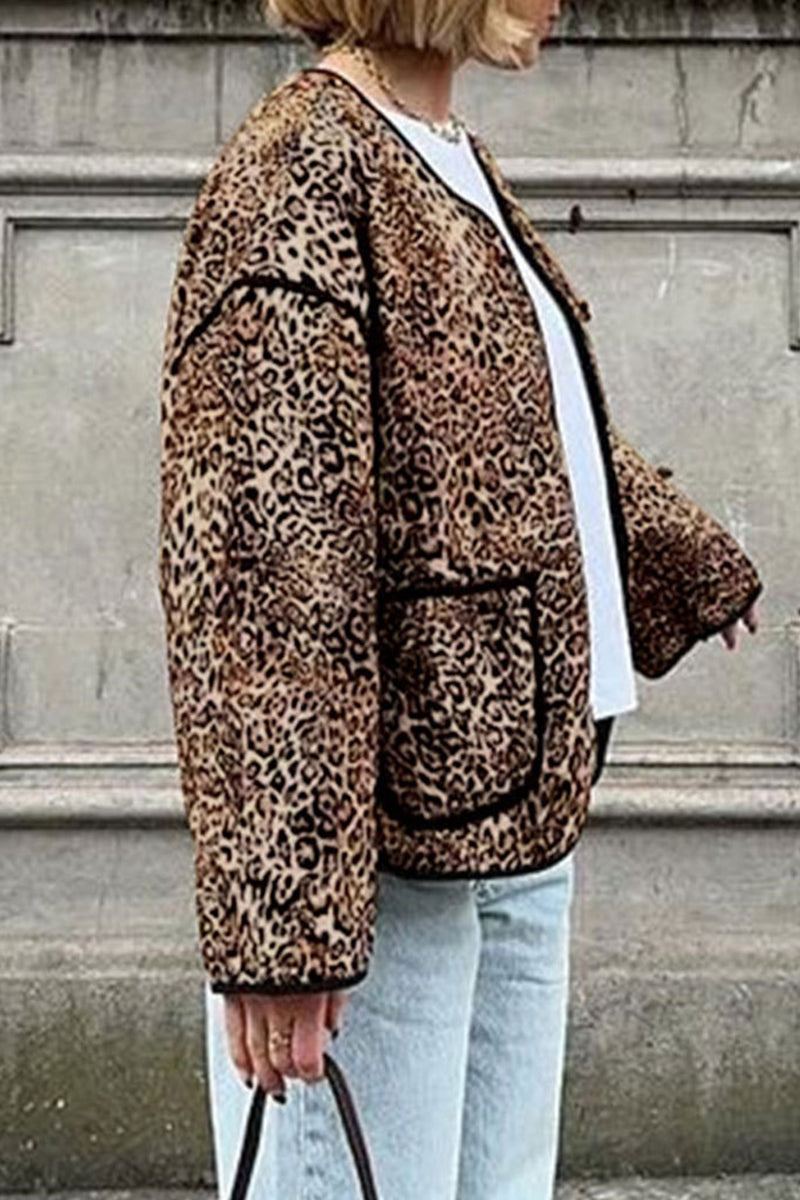 Casual Street Leopard Pocket Patchwork O Neck Outerwear(3 Colors)