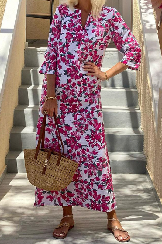 Elegant Floral Print Slit V Neck Printed Dresses