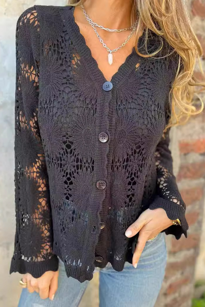 Casual Lace Hollow Out Buttons V Neck Blouses(3 Colors)