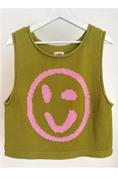 Casual Smiley Face Weave Contrast O Neck Tops(5 Colors)